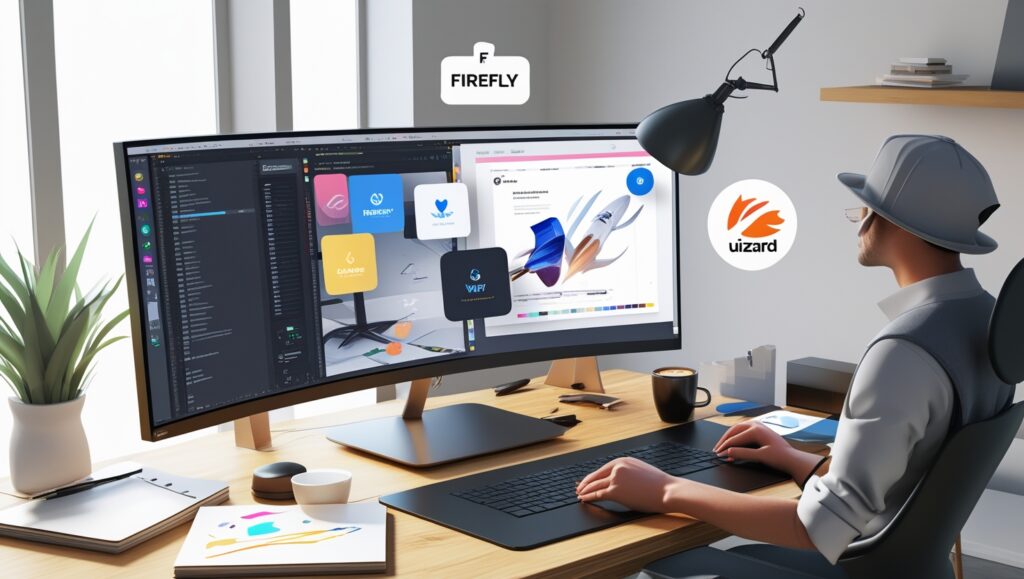 3D workspace of a designer using multiple AI tools like Firefly and Uizard, with floating UI panels and a creative setup.