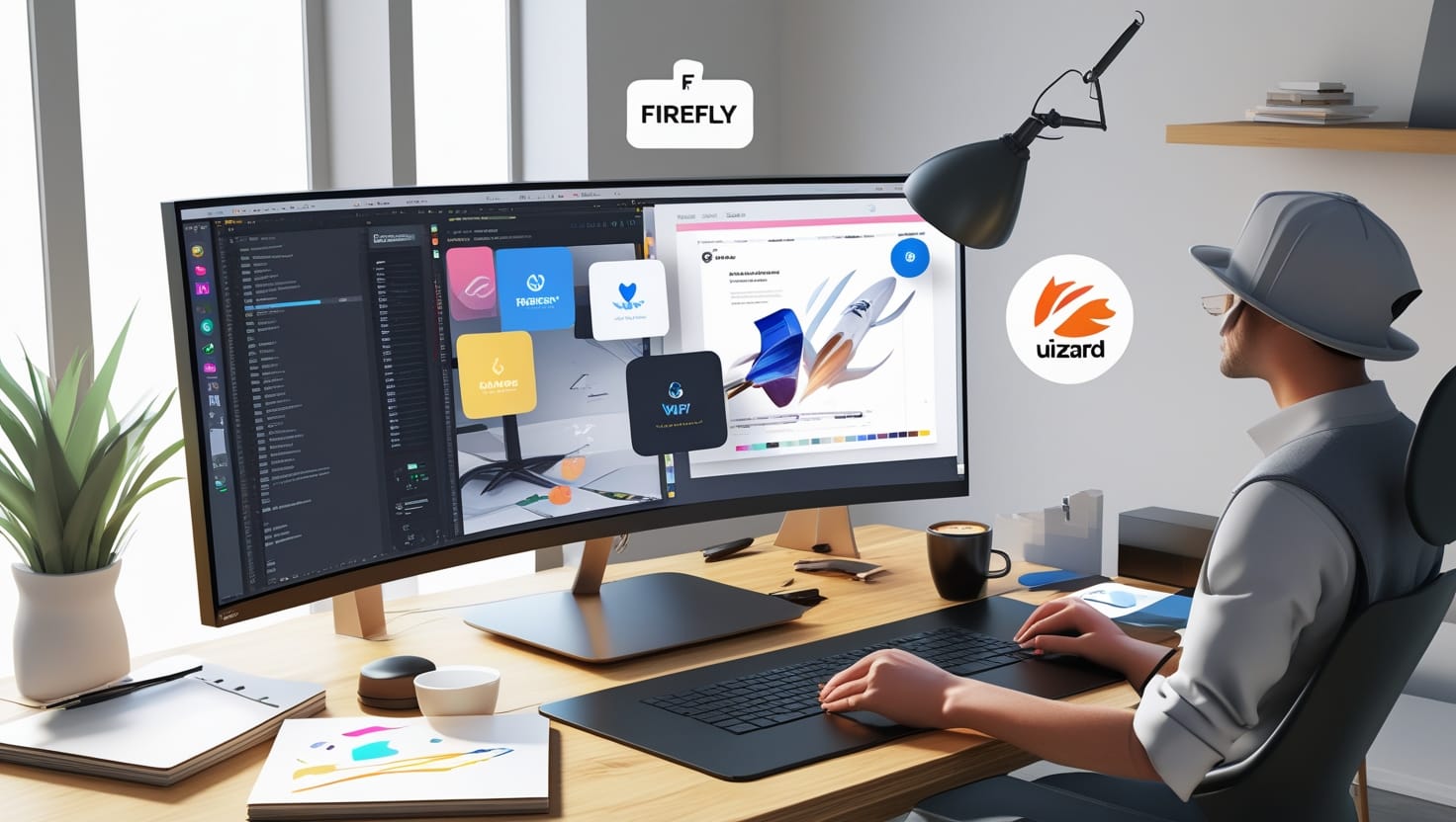 3D workspace of a designer using multiple AI tools like Firefly and Uizard, with floating UI panels and a creative setup.