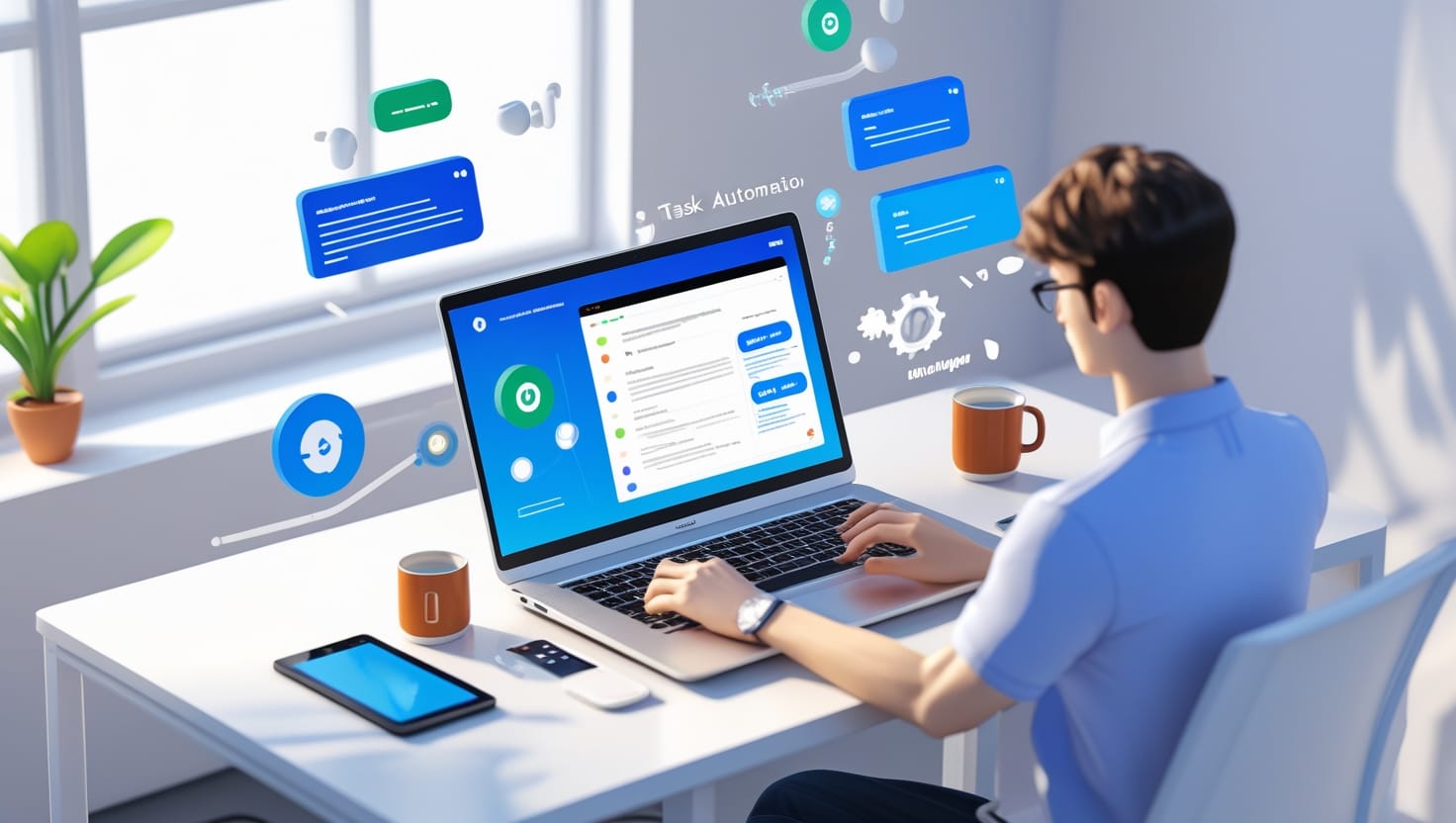 3D workspace scene showing a freelancer using ChatGPT on a laptop, with floating digital icons for writing, coding, and productivity.