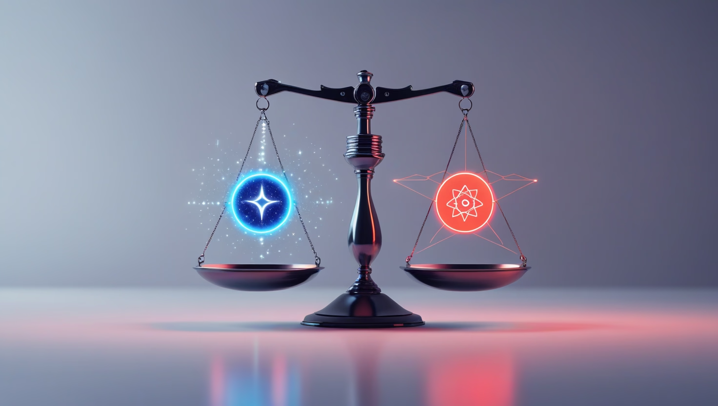 Minimalist illustration comparing Gemini and ChatGPT using a glowing futuristic balance scale.