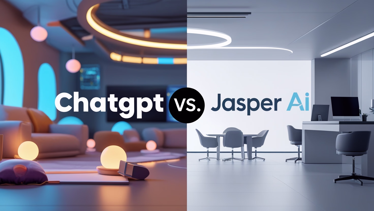 Visual comparison of ChatGPT and Jasper AI, showing a creative workspace for ChatGPT and a marketing dashboard for Jasper.