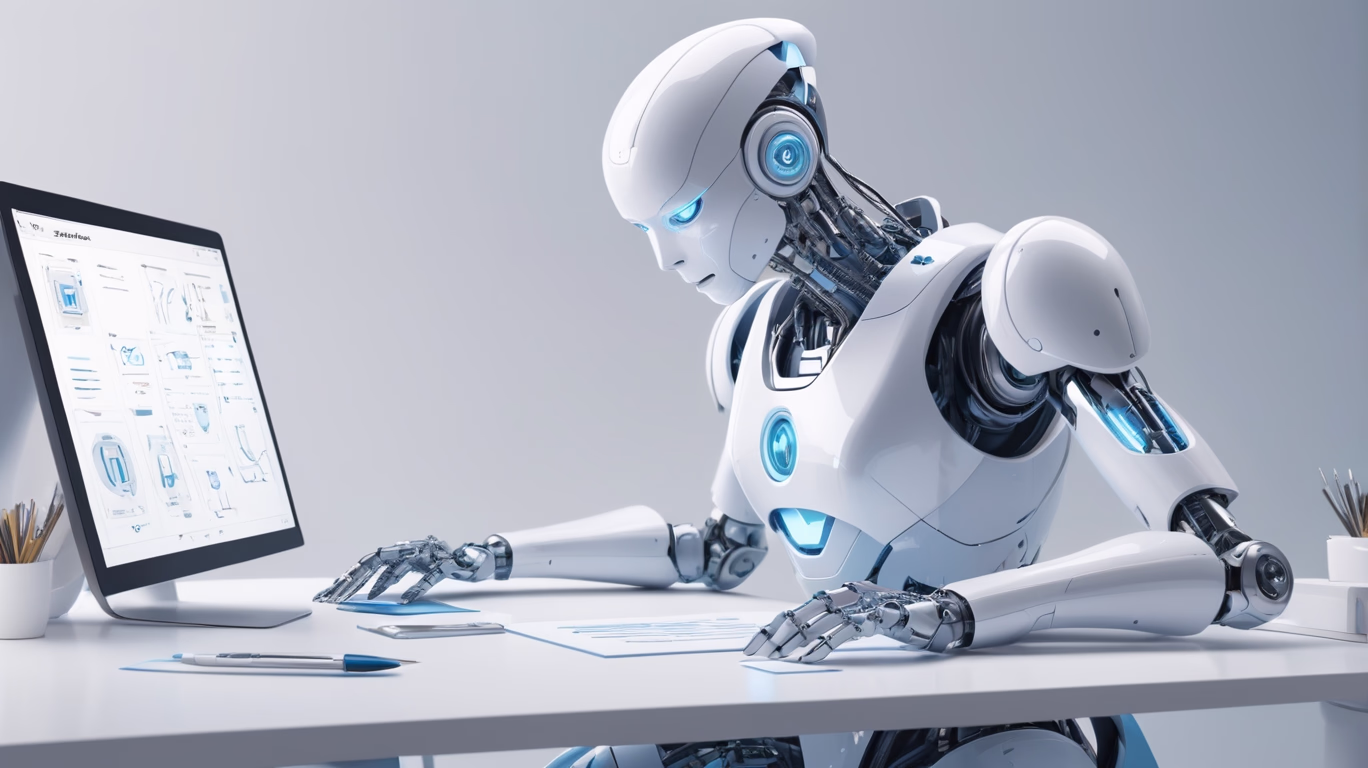 Minimalist illustration of an AI robot organizing workflow tasks on a clean white desk.