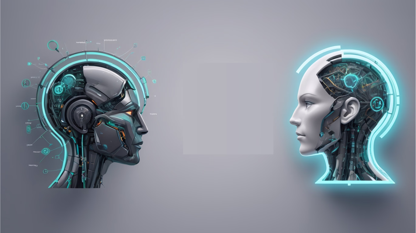 Illustration showing Jasper AI and Copy.ai comparison in a futuristic office setup.