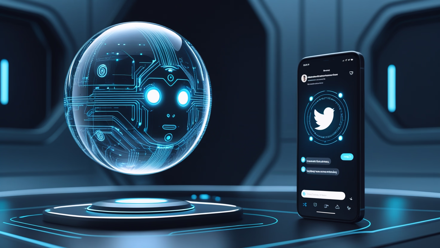 Grok AI chatbot with a futuristic interface inside the Twitter mobile app interface.