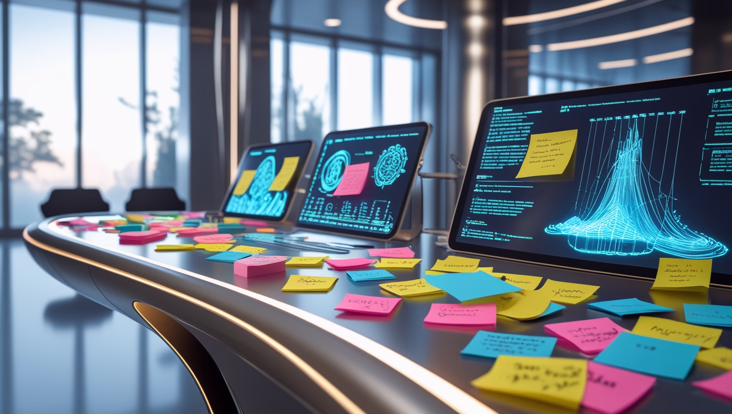 AI assistant organizing digital tasks in a bright modern workspace