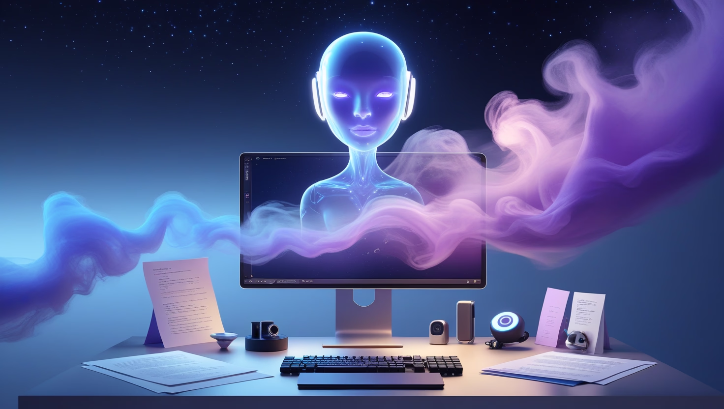 AI assistant generating video scenes from text in a clean, modern workspace