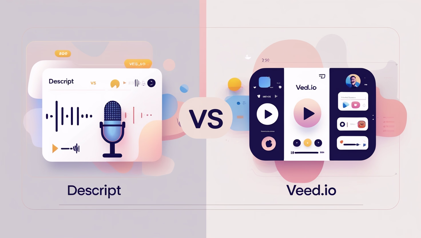 Comparison of Descript and Veed.io icons with video and audio editing visuals
