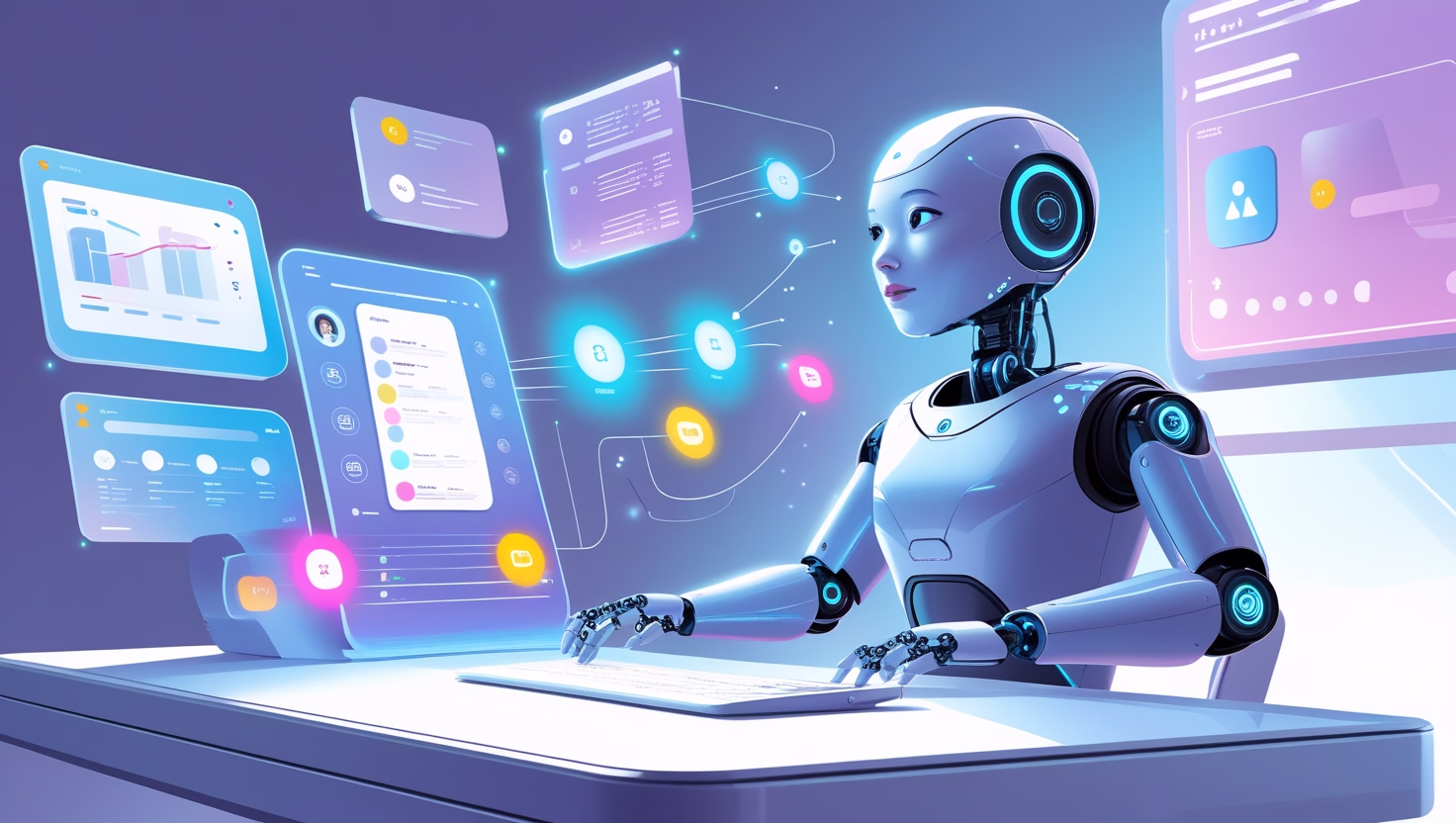 Futuristic AI robot managing digital workflow tasks on a sleek smart desk with glowing holographic interfaces and colorful floating icons in a bright, modern workspace.
