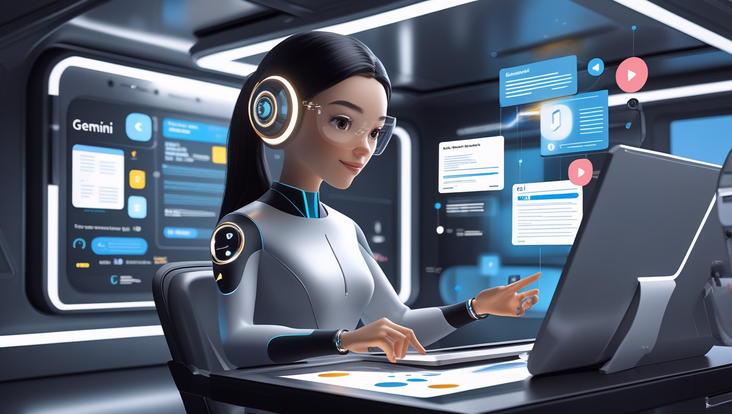 Gemini AI - Illustration of Gemini AI processing multiple data types in a futuristic setting.