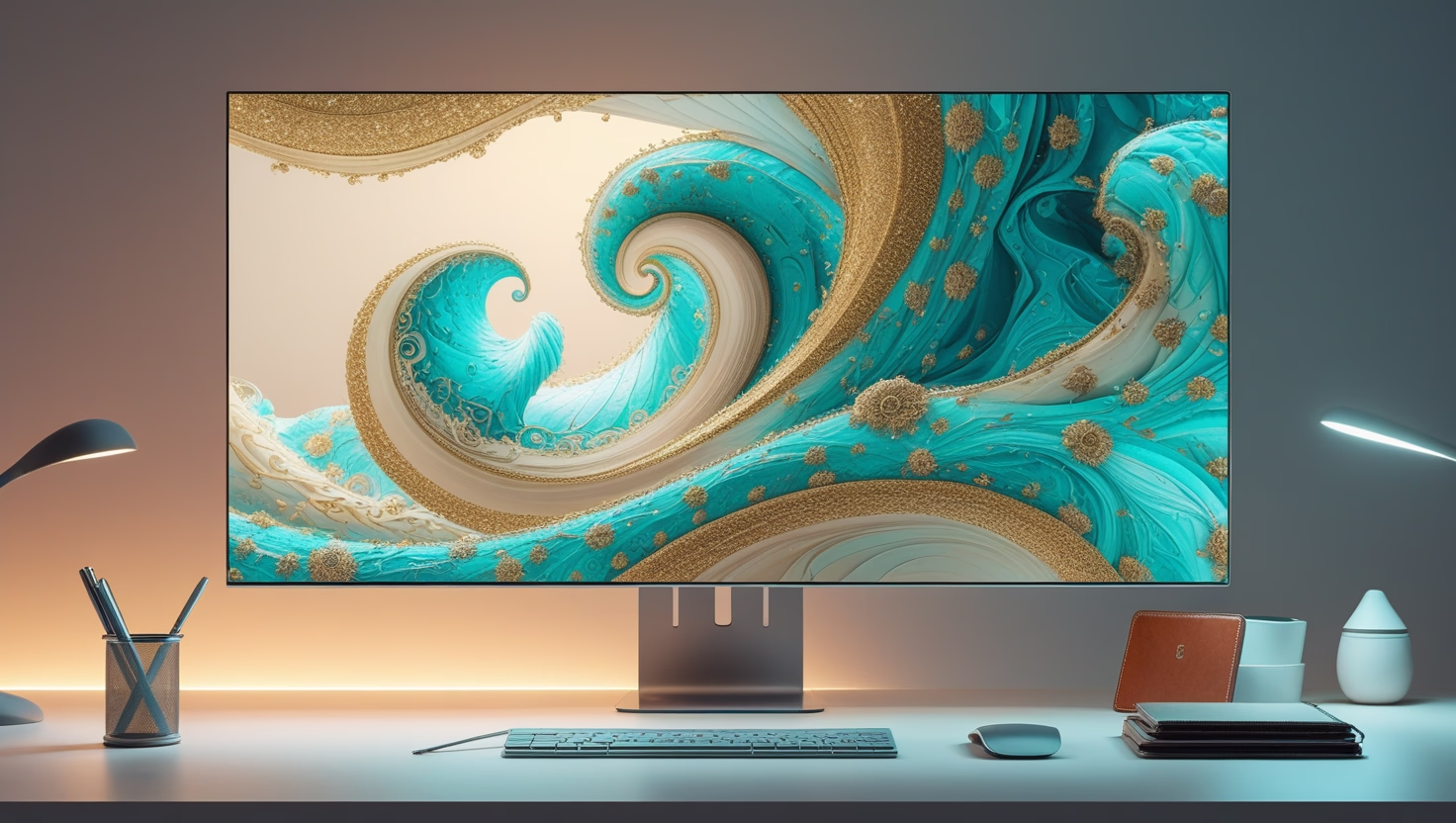 AI-generated digital artwork displayed on a designer's desk using Midjourney