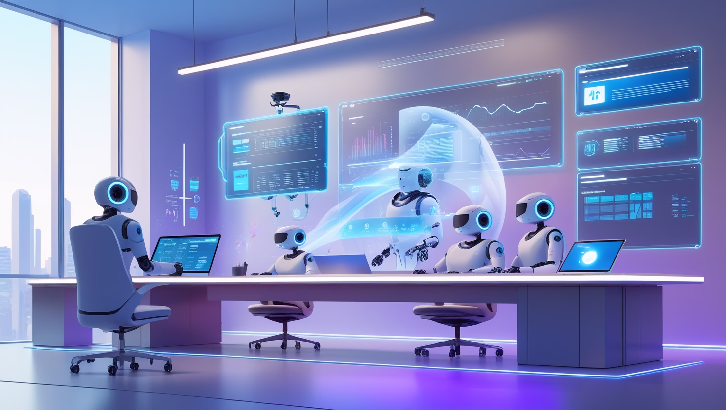 Futuristic AI interface displaying various workflow automation tools enhancing productivity.