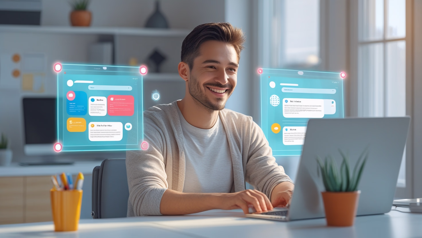 AI helping a regular person automate daily tasks in a modern, futuristic home office.