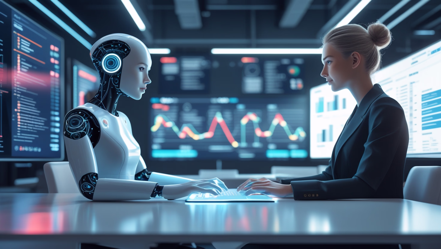 Human and AI working side by side in a modern digital office