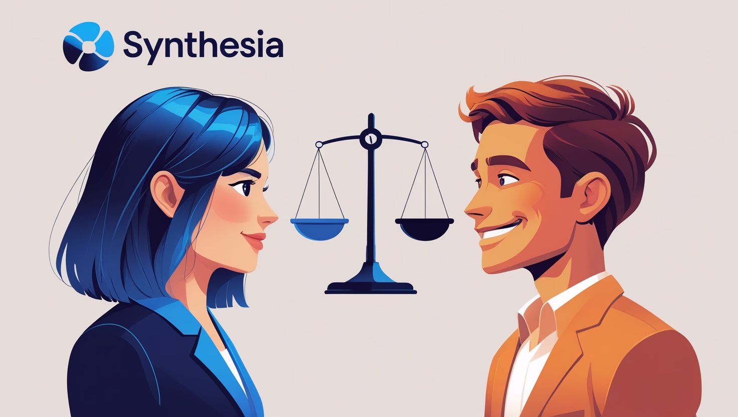 AI-generated image comparing Synthesia and Colossyan avatars on a digital scale.