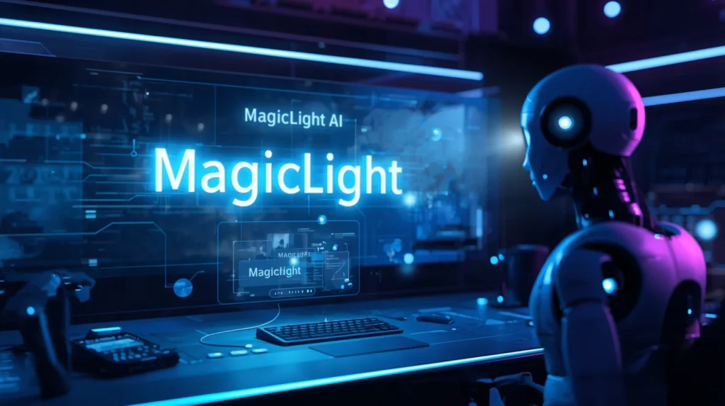 AI robot generating a realistic video from text on a futuristic digital screen with glowing blue and purple lights, representing MagicLight AI video generator tool.