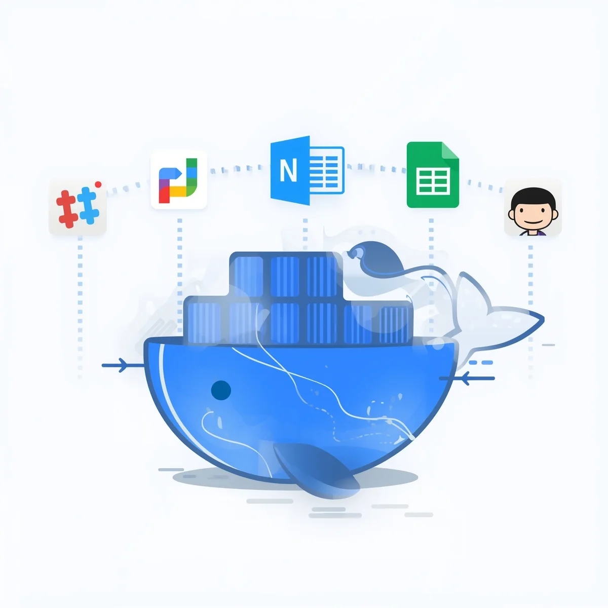 n8n Docker setup — illustration of automation workflows running in a Docker container